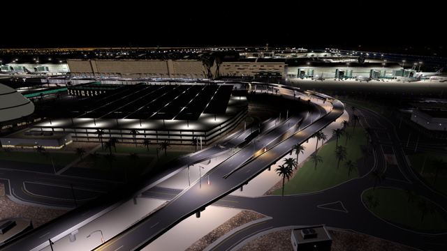 Lit entrance roads at night